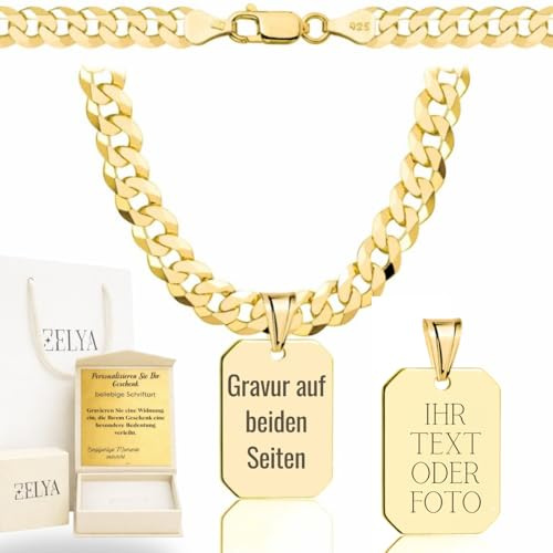 ZELYA Vergoldete 925/585 14K Panzerkette 2/3,8/5/ 5,6/6,5 mm mit Dog Tag Anhänger – Herren Halskette Gold kette– Erkennungsmarke personalisiert, Kette und box mit Gravur, hundemarke lange 45–70 cm