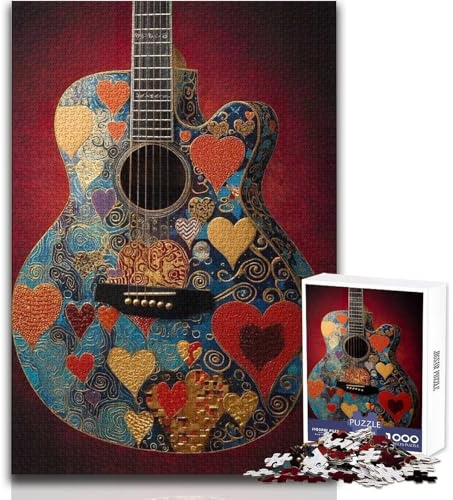 Puzzle de 1000 pièces pour Adultes, Motif Guitare Acoustique en Forme de cœur, pour Toute la Famille Jouet décoratif Mural Convient aux 14 Ans et Plus (Dimensions 38x52cm)