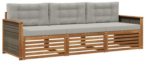 vidaXL Outdoor-Sofagarnitur mit Kissen 3 pcs Natürlich und Hellgrau, Outdoor Lounge, Moderne Ecksofa, Gartenmöbel, Terrassen-Sitze, Komfortables Set für Wohnräume