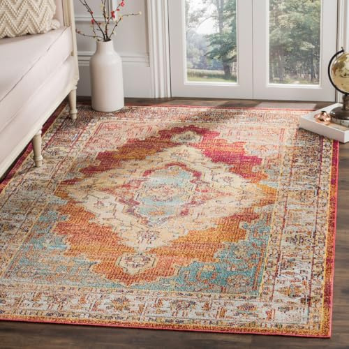 SAFAVIEH Boho Teppich für Wohnzimmer, Esszimmer, Schlafzimmer - Crystal Collection, Kurzer Flor, Orange und Hellblau, 152 X 244 cm