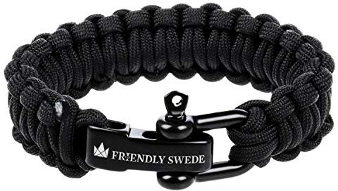 The Friendly Swede - Pulsera de Supervivencia, Cuerda de paracaídas, Cierre de Acero Inoxidable en D, Ajustable (Negro+Negro, S)