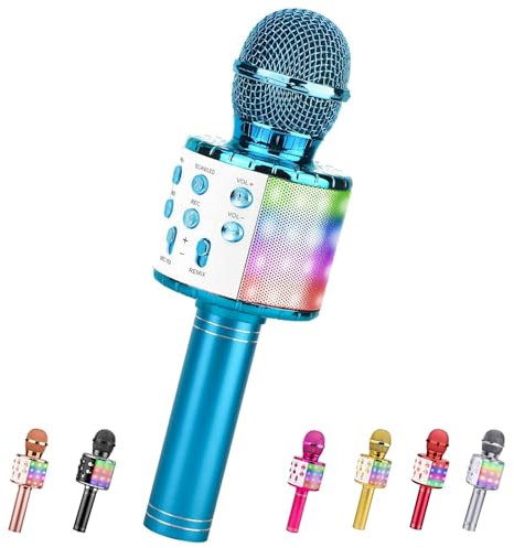ShinePick Microfono Inalámbrico Karaoke, Micrófono Karaoke Bluetooth Portátil con Altavoz y LED para Niños Canta Partido Musica, Compatible con Android/iOS PC, AUX o Teléfono Inteligente (Azul)