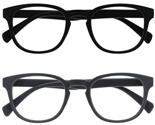 OPULIZE Pop Reading Glasses 2 Pack Fun Round Matt Frame Black Grey Spring Hinges Scratch Resistant Mens Womens RR2-17 +1.50
