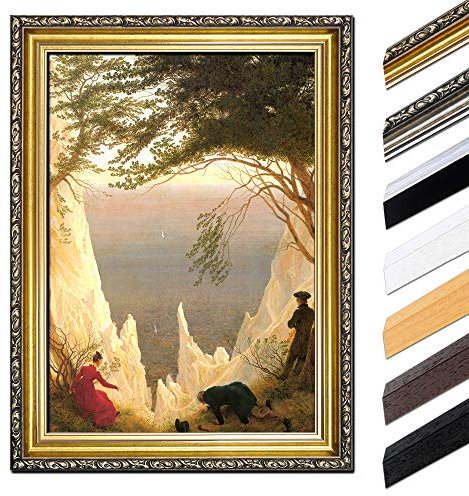 Bild mit Rahmen - Caspar David Friedrich Kreidefelsen auf Rügen 70x90 cm - Gerahmtes Leinwandbild Alte Meister - Antiker Rahmen Gold Barock, Klassisch