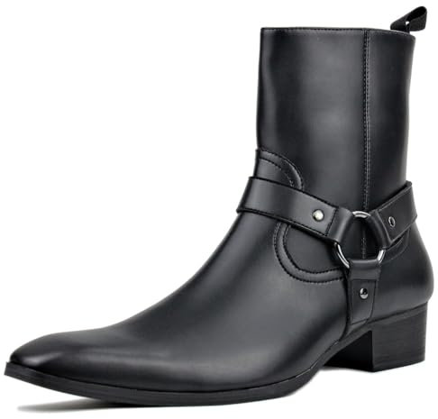 COWSDELLA Stivali da uomo in pelle con suola in gomma Stivali da Moto da Motociclista Cowboy con cerniera Chukka Stivaletti Classico Tacco Alto