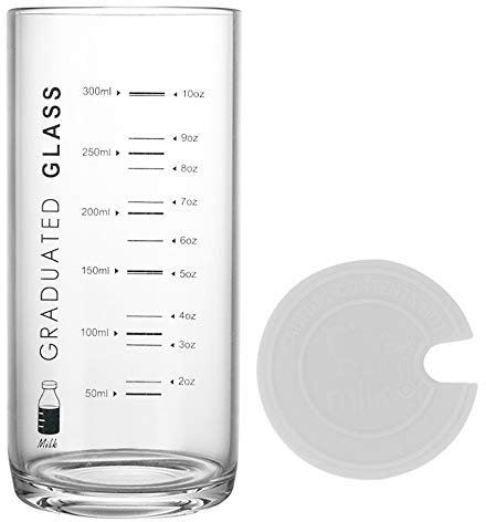 TAMUME 330ML Vaso y Taza de Cristal para Leche con Medidas,Vaso con Medidas y Tapa - Blanco