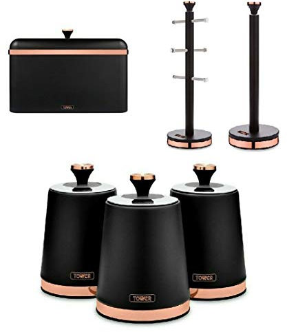 New Tower Set Cavaletto Towel Pole Kitchen Roll Holder, 6 Cup Mug Tree, Durable Carbon Build Bread Bin H24 & Set of 3 Canisters Black/Rose Gold