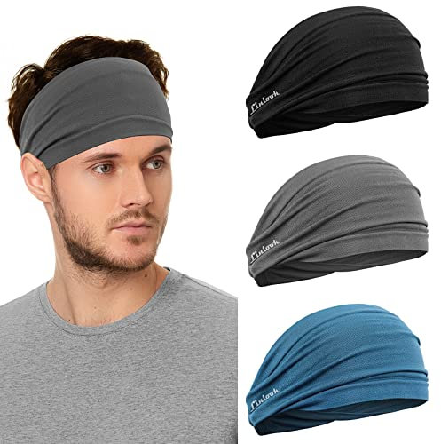 Stirnband für Herren und Damen - Breit Schweißband für Sport, Fitness, Joggen, Laufen, Radfahren, Wandern,Crossfit und Yoga - Hoch Dehnbar Haarband für Damen und Herren 3 Stück