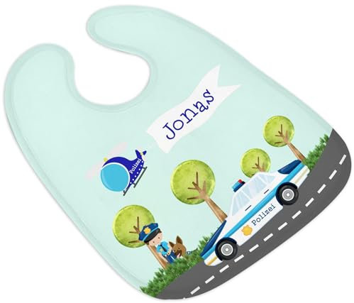 CreaDesign, Babylätzchen mit Name personalisiert Motiv Polizei, Baby Lätzchen mit Klettverschluss, 30 x 35 cm