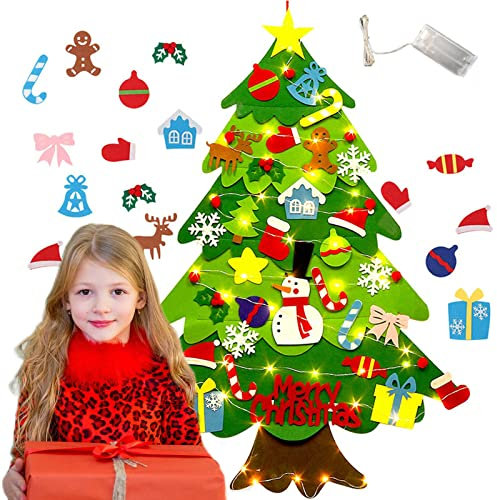 ZTOONE DIY Filz Weihnachtsbaum für Kinder mit 3M LED Lichterkette, Felt Christmas Tree mit 32 Pcs Abnehmbaren Weihnachtsschm für Home Tür Wand Dekoration