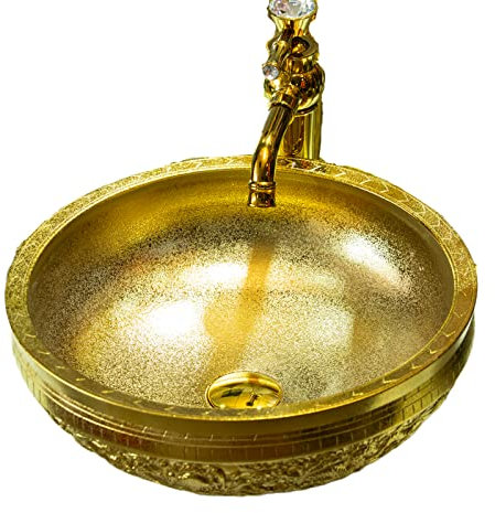 Gold Gefäß Waschbecken Runde Schüssel für Badezimmer Arbeitsplatte Keramik Waschbecken mit handgeschnitztem Drachenmuster