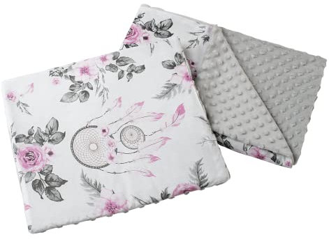 Medi Partners Babydecke Krabbeldecke mit Kissen 100% Baumwolle Minky Kinderdecke 55x75 + 35x30cm multifunktional für Kinderwagen Babyschale Wiege (Traumfänger mit Blumen mit grauem Minky)
