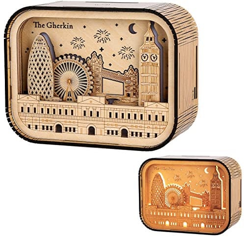 DRMFLE 3D London Souvenir Gifts for Women Men,Wood Crafts Landmark Building Model UK Travel The Gherkin Big Ben Tower Bridge Eye, Desktop Wooden Ornaments Home Office Decor