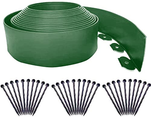 Flexible Rasenkante, 10 m, Kunststoff-Garteneinfassung, extra hoch, 10 cm hoch, mit 30 Befestigungsheringen, Landschaftskanten-Set, Mini-Zaun für Blumenbeete, Gehweg, Grün