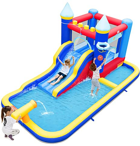 COSTWAY Inflatable Water Park, Kids Bouncy Castle Jumper House with Slide, Water Gun, Basketball Hoop and Splashing Pool