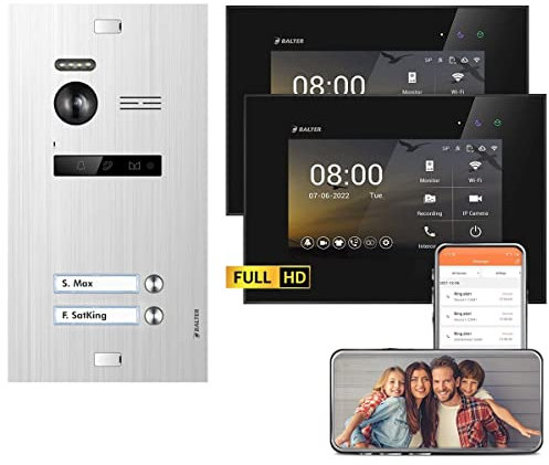 Nonic Balter EVO HD Silber/Schwarz WiFi Video Türsprechanlage Set für 2 Familienhaus (1x Türstation mit Full HD-Kamera, 2X Touchscreen 7 Zoll Monitor, Smartphone APP, 2-Draht, 175° Weitwinkel)