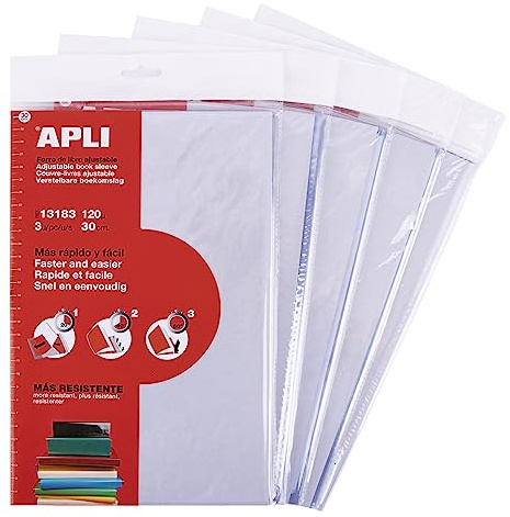 APLI 19654 - Forro de libros con solapa ajustable de PVC. Medida 300 mm, 120 µ. Maxi pack de 15 unidades