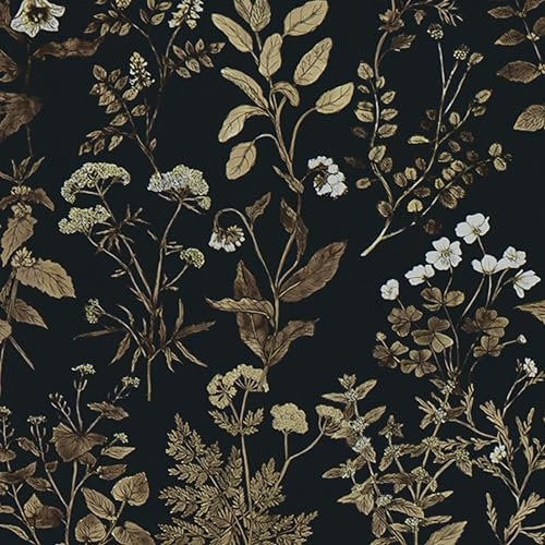 Fiula Blumentapete 44CMx20M Selbstklebende Folie Blumen Tapete Selbstklebend Dekorative Möbelfolie Klebefolie Möbel Romanze Abnehmbare Tapete Vinyl für Möbel Wand Tischplatten Schwarz Gold