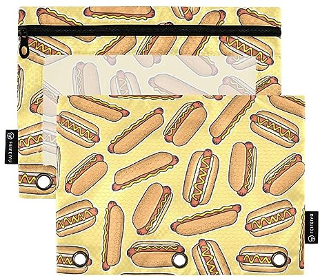 FRODOTGV Cartoon-Hotdog-Bleistiftbeutel für 3-Ringe, transparent, mit Reißverschluss, 3-Loch-Binder, 2 Stück