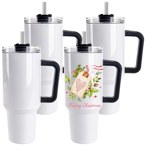 D·S 4 Pack Sublimation Tumblers 40 OZ with Handle Blank Insulated Large Tumbler Bulk, Coffee Travel Cups Stainless Steel Travel Mug for Diy Craft Heat Press Print