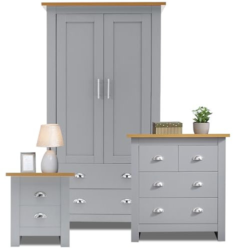 Bedroom Wardrobes sets with 2 Door Wardrobe 2+2 Chest of Drawer 2 Drawer Bedside Table Cabinet Bedroom Set for 3 Piece Bedroom Storage furniture Set, Grey & Oak