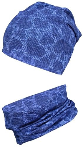 TupTam Mädchen Kinder Beanie Mütze Schlauchschal 2er Set Herbst Winter gefütterte Übergangsmütze mit Loop, Farbe: Jersey zweilagig - Herzen Dunkelblau, Hat Size: 48