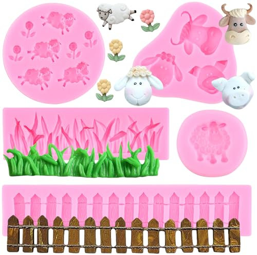 RFGHAC Farm Animal Cow Pig Sheep Head Silicone Mould Green Grass Garden Picket Fence Fondant Mould for Sugar Cake Decorating Cupcake Topper Polymer Clay Candy Chocolate Gum Paste Set of 5