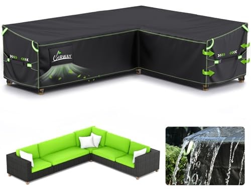 UIRWAY housse salon de jardin exterieur en Forme de L, (286x222x87 cm) Tissu Oxford 420D, Coupe-Vent et résistante aux UV Housse de canapé d'extérieur housse de protection salon de jardin