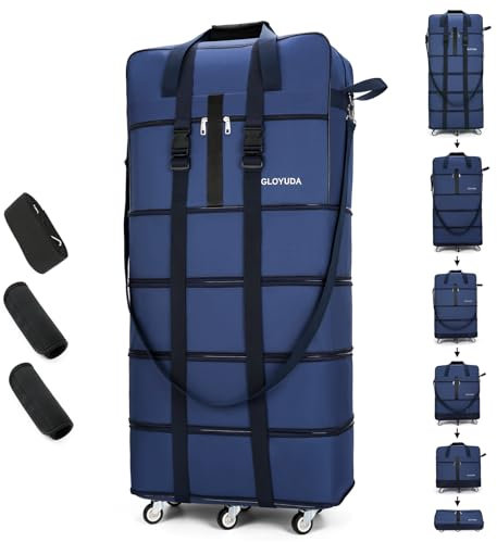 Gloyuda Faltbare Reisetasche mit Rollen, 106cm Reisetasche Groß, Blau Reisetasche Faltbar, Kleidersack, Faltbare Handgepäck Tasche, Travel Bag mit Zwei Gepäckgriffhüllen und Einem Schultergurt