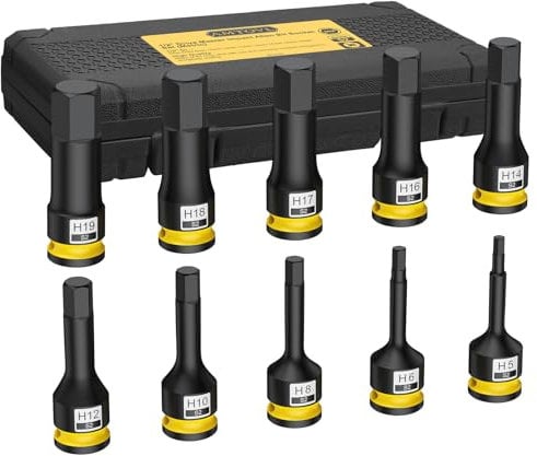 AMTOVL Jeu de 10pcs Douilles à Chocs Métriques à Embouts Hexagonaux 1/2'' 5mm-19mm Acier Allié S2 HRC58-62 Douille à Choc 6 Pans avec Anneau en Cuir et Epingle pour Réparation Automobile d’Appareil