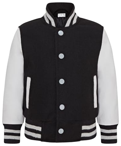 Kids Wool Varsity Black Bomber Jacket with Real Leather Sleeves