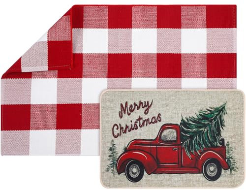 Tinideya Fußmatte Merry Christmas, 61 x 88,9 cm, rot und weiß, kariert, 38,1 x 71,1 cm, rutschfeste LKW-Fußmatte, Weihnachtsdekoration, 2 Stück