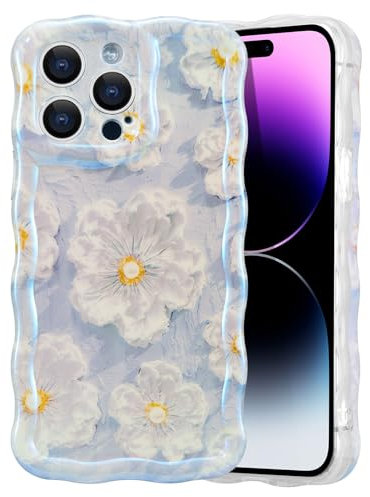 EYZUTAK Case for iPhone 16 Pro Max, Colorful Retro Oil Painting Flower Laser Glossy Pattern Cute Curly Wave Edge Exquisite Phone Cover Stylish Durable TPU Protective Case for Girl Women - Light Blue