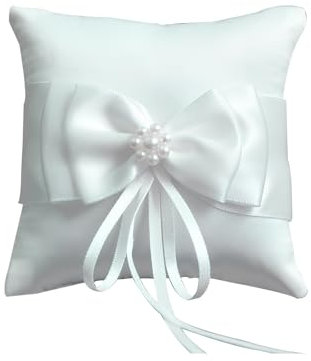 Amexo Cuscino Portafedi per Matrimonio Cuscino per Anelli con Fiocco in Raso Bianco Cuscino per Fedi Nuziali con Perla Simulazione Romantico Scatola per Anello per Matrimoni (15 x 15cm)