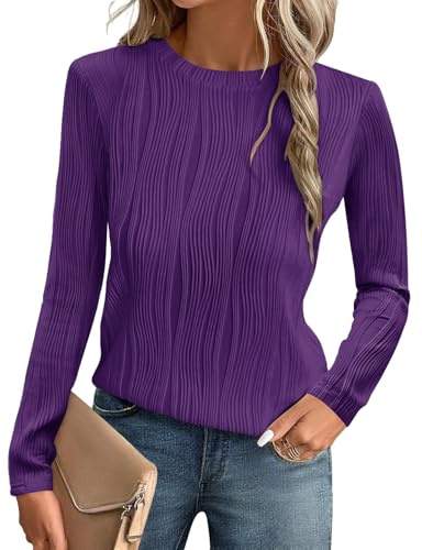 Gemulate Long Sleeve Tops Women Dressy Casual Ladies Blouses T-Shirts | Crewneck Trendy Basic Loose Textured Blouses Outfits