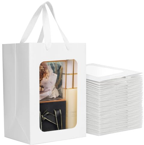 EUSOAR Sacchetti di Carta con Finestra - 50 Pezzi Sacchetti Regalo Bianco - 230GSM Buste Regalo 18x13x25cm - Sacchetti Carta con Manici - Buste Trasparenti - Busta Regalo Compleanno