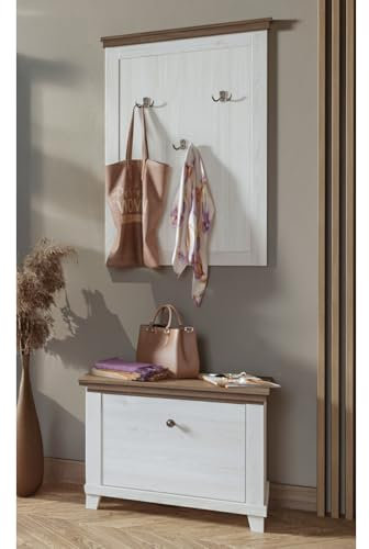Lomadox Garderoben Set Flurgarderobe Dielenmöbel Landhaus Stil Schuhbank Garderobenpaneel Esche weiß mit Eiche