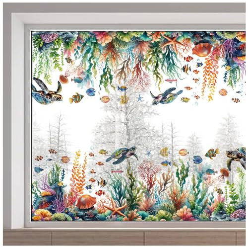GORGECRAFT 116x38cm Große Fensteraufkleber Mit Meerestieren Schildkröten Fischen Seetang Statischer Fensteraufkleber Wiederverwendbare Doppelseitige Fensteraufkleber Nicht Klebende Glasfolie Die D
