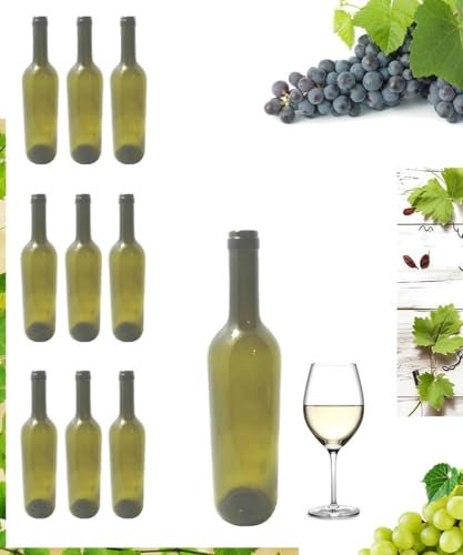Set di 10 Bottiglie di Vino Vuote, 750 ml, Verde Oliva, con Tappo plastica