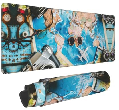 Large Gaming Mouse Pad - Vintage Map Travel Essentials Rubber Base Desk Mat, Desk Pad with Stitched Edges, Mousepad for Laptop, PC Keyboard Mouse Mat for Work Game Office 12x31.5 Inch