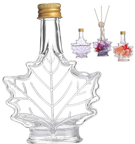Obelunrp Bouteilles de sirop d'érable, 250 ml de bouteille sirop en verre en forme feuilles réutilisable avec couvercles, pots conserve portables qualité alimentaire pour stocker des liquides, des