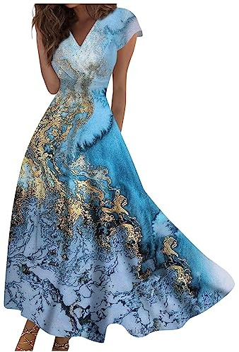 Maxikleid Damen Sommer Elegant Sommerkleid Lang A Linie Kleid Frauen V Ausschnitt Hohe Taille Kleider Tailliert Damenkleider mit Ärmel Sommerkleider Leicht und Luftig Strandkleid Schwingen