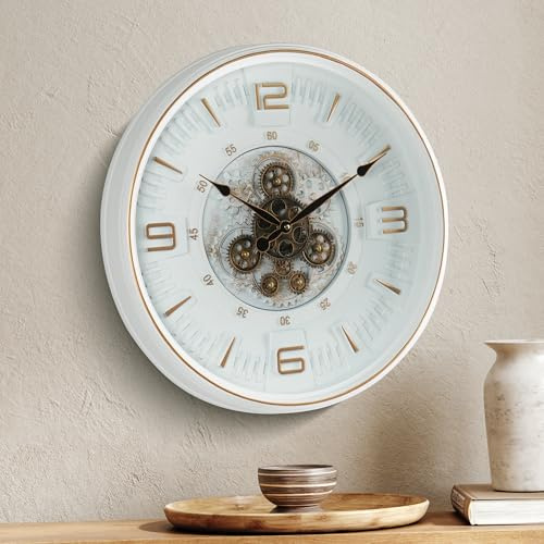 Maxstar 20 Jahrgang-Wanduhr mit beweglichen Zahnrädern,Industrielles Steampunk-Metalldekor für Wohnzimmer, Büro, Kamin, Bauernhaus(Arabische Ziffern–Platinbeschichtung)