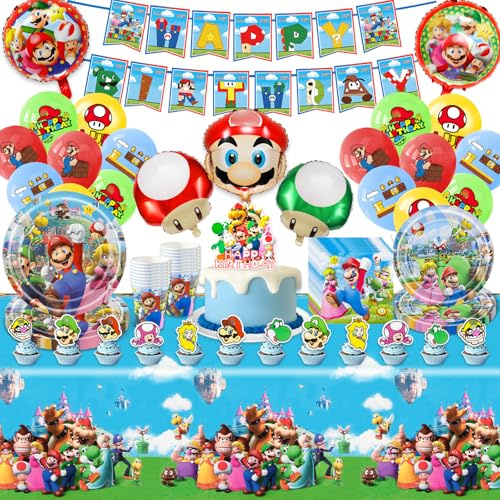 Lot de 86 décorations d'anniversaire Super Bro avec assiettes, tasses, serviettes, bannière, décoration de gâteau, nappe et ballons, fournitures de fête pour enfants, garçons et filles, 10 invités