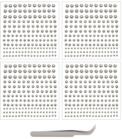 VOSSOT Lot de 4 feuilles de 660 faux piercings pour nez, lèvres, 2/3/4/5 mm, faux piercing de nez, faux piercing de nez, visage à paillettes, piercing de nez non pénétrant avec pince à épiler