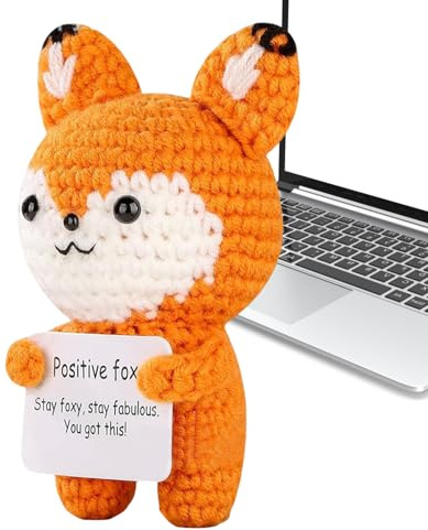 caiduos Häkeln Emotionales Tier, Häkeln Positiver Fuchs mit Motivationskarten, Gestrickte Sammelpuppen, Niedliche Handgefertigte Wollgestrickpuppe, für Männer, Frauen, Tierliebhaber
