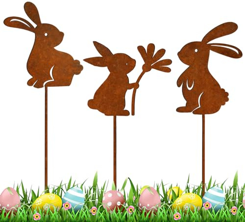 shallyong 3 Stück Osterdeko für Draußen, Oster Hase Gartenstecker Deko Rost, Metall Osterhasen als Rostige Gartendeko, Hasen Deko Frühling, Perfekte Deko für Garten oder Haustür