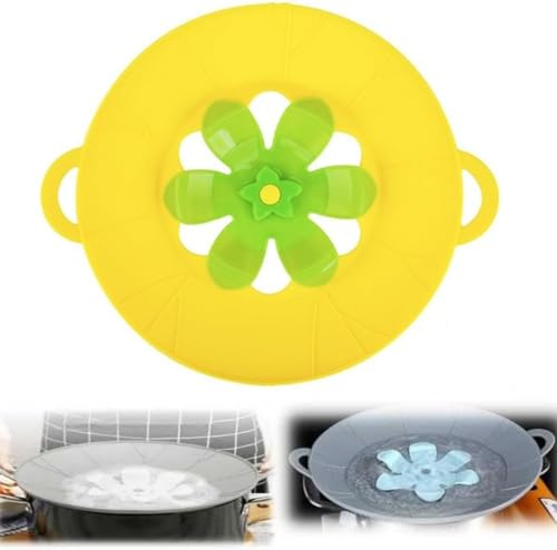 Silicone Boil Over Spill Stopper Lid, Reusable Heat-Resistant Lid Boiling Kitchen Safeguard, Multi-Function Grey Pan Cover with Mint Flower Design (Yellow, Small (23cm))