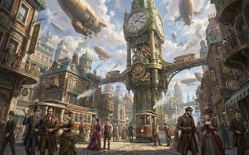 Steampunk Stadt Puzzle 1000 Teile, Freizeitspiel für Erwachsene | 1000 Teile-Puzzle, Größe 70x50cm, ab 14 J., Thema Steampunk Stadt für Fokus Puzzle Spiel, Geschenk und Wanddeko.