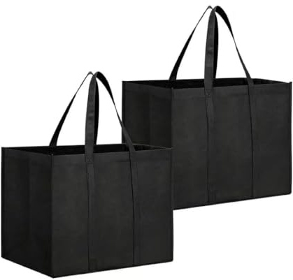 YEDPGUE Sacs de Courses 2 Pièces Noir avec Poignée, Sac Caddie Pliable, Grande Capacité, Réutilisable,41 * 26 * 33cm, pour le Voyage, Plage,Shopping, Pique-Nique,